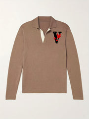 Men's Pigeon Pattern Knit Polo Shirt V Neck Pullover Sweater