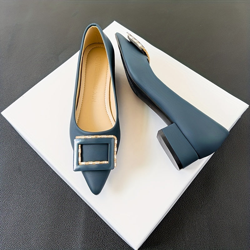 Women's Rhinestone Buckle Slip On Block Heel Glitter Shoes