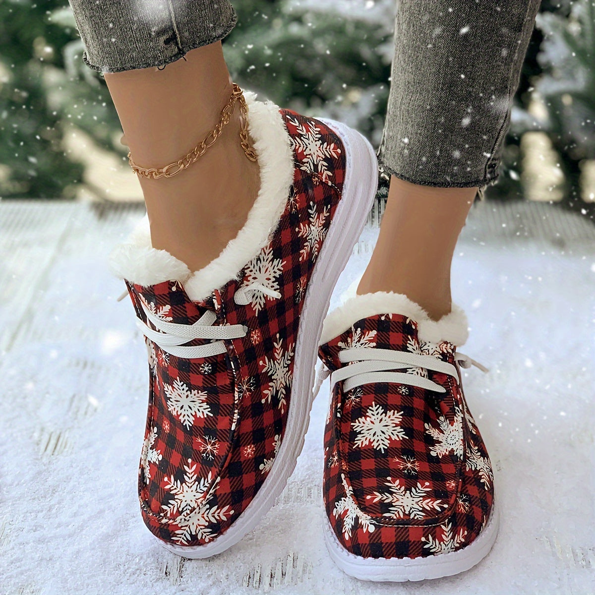 Women's Snow Boots Snowflakes & Plaid Print Plush Warm Lace-up Winter Christmas