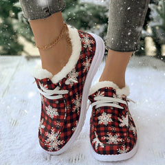 Women's Snow Boots Snowflakes & Plaid Print Plush Warm Lace-up Winter Christmas