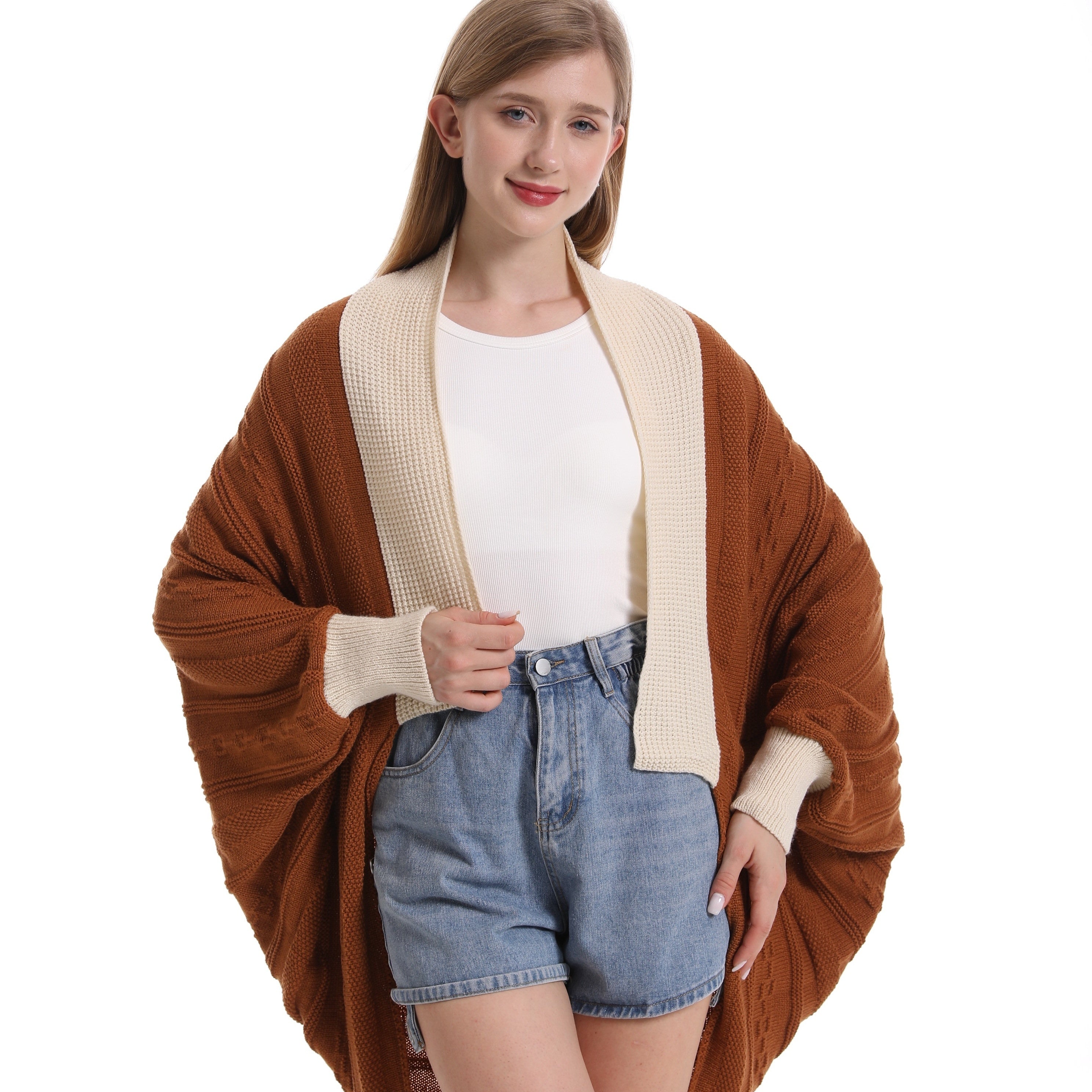 Cashmere Cardigan Large Warm Shawl Wrap Solid Retro Cape With Sleeves