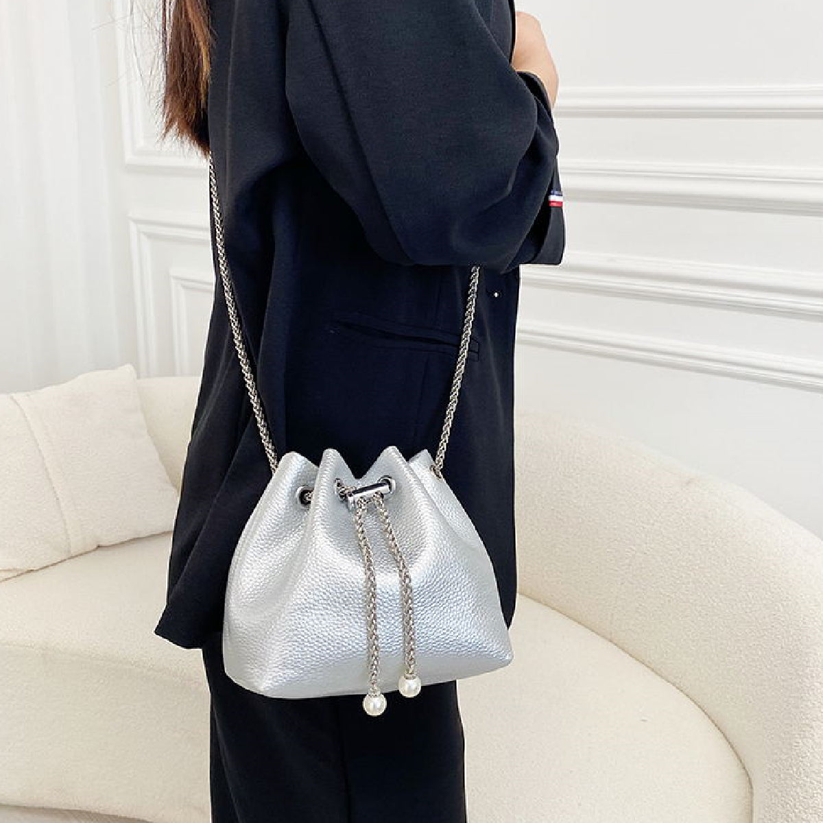 Bucket Bag Faux Leather Chain Shoulder Bag