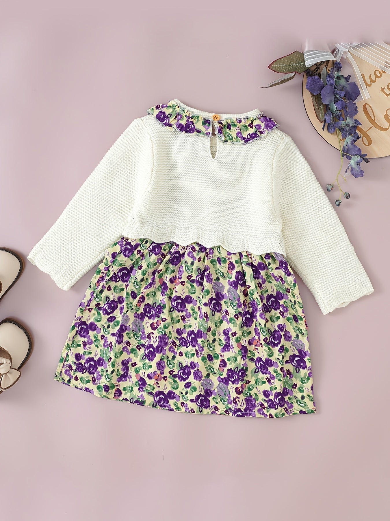 Baby Dress Girls Holiday Style Knit Floral Print Long Sleeve Dress