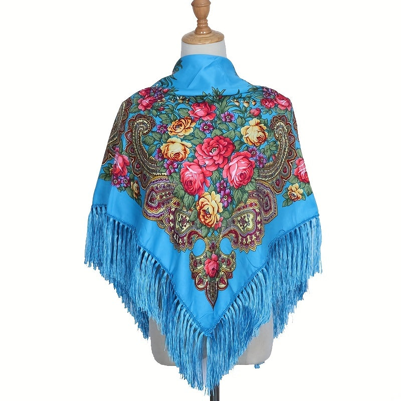 Flower Print Tassel Shawl Boho Square Scarf Vintage Wrap