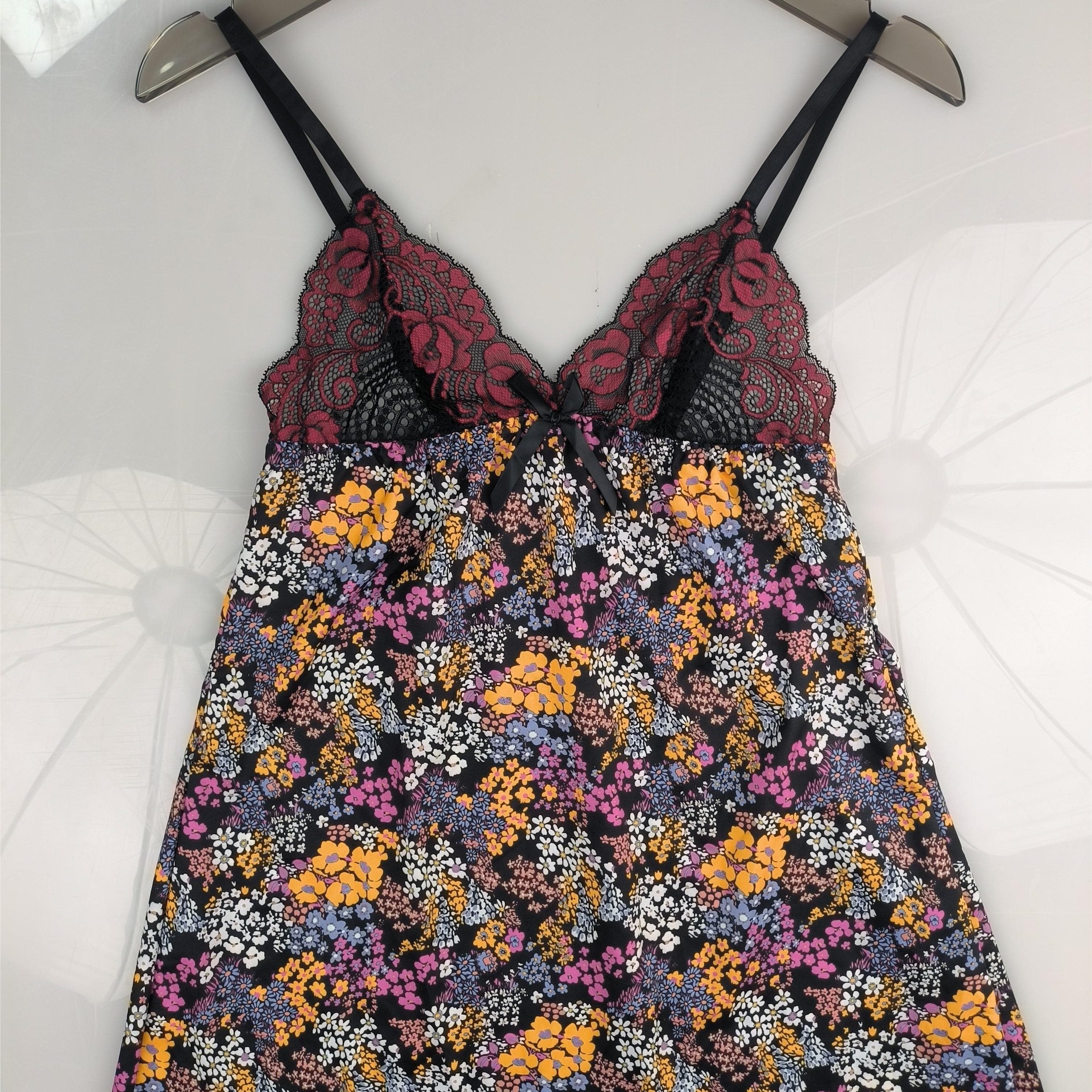 Floral Print Slip Nightdress Lace V Neck Sleep Dress