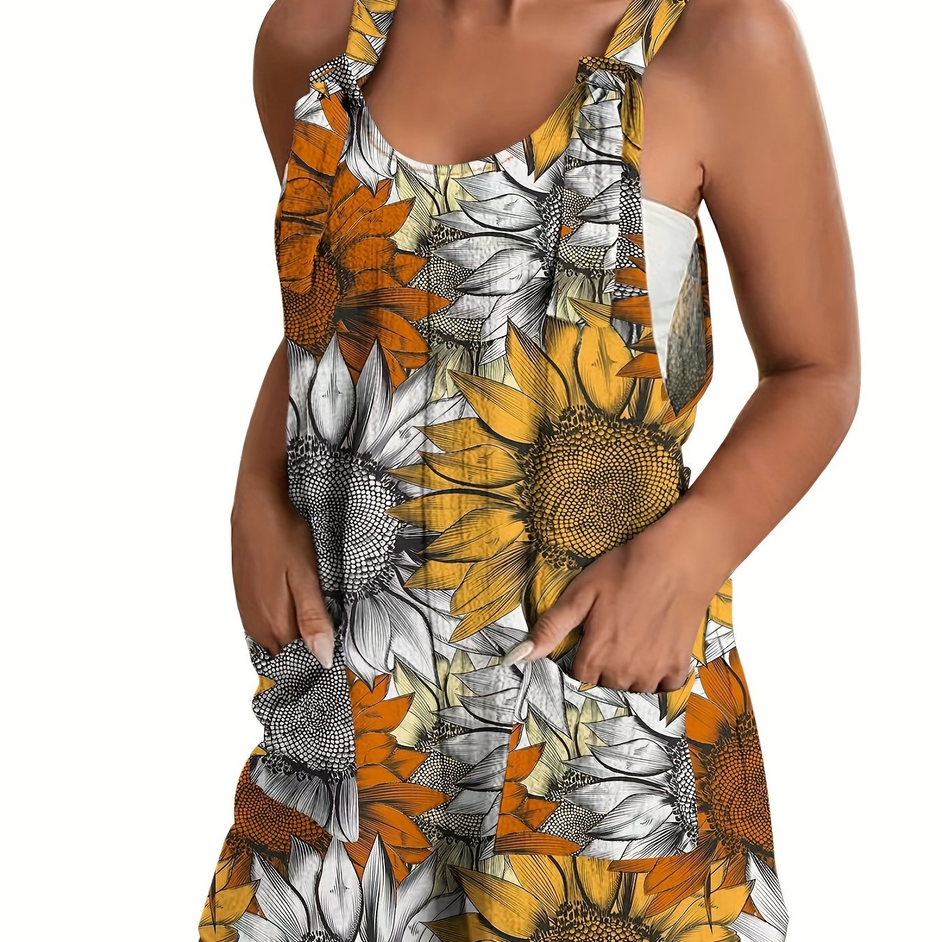 Sunflower Print Tie Front Tank Jumpsuit