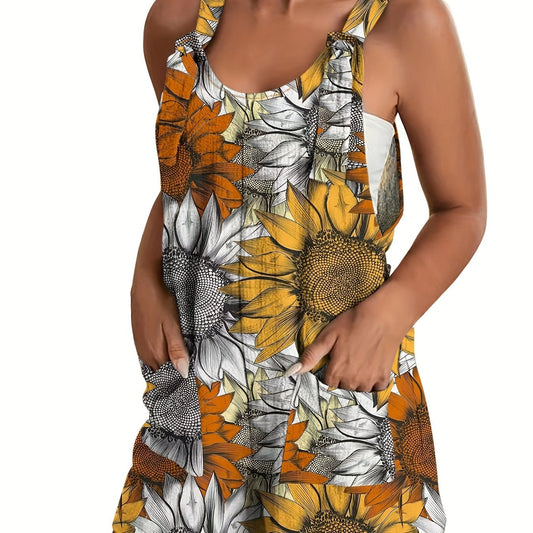 Sunflower Print Tie Front Tank Jumpsuit