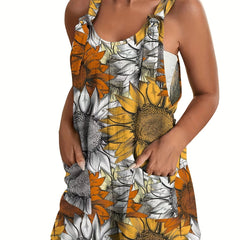 Sunflower Print Tie Front Tank Jumpsuit