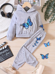 Butterfly Graphic Hoodie and Jogger Pants Sports Suit for Girls