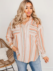 Women's Orange Stripe Print Long Sleeve Blouse
