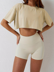 Women's Solid Short Casual Sports Cropped T Shirt Loose Round Neck Workout Top