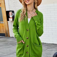 Solid Button Up Long Sleeve Cardigan With Pockets