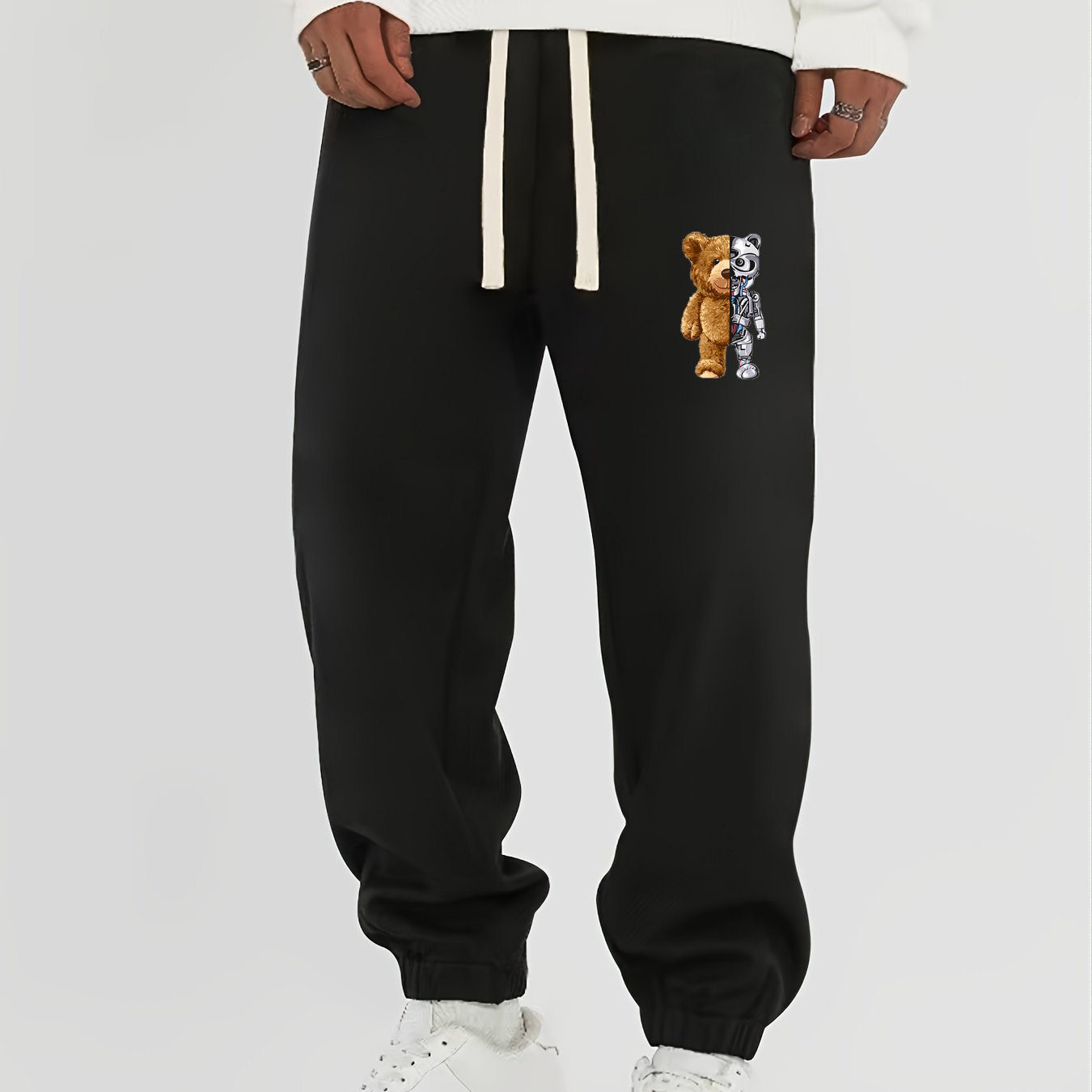 Mechanical Bear Print Men's Drawstring Sweatpants Loose Casual Jogger Pants