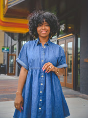 Dark Short Sleeves Denim Dress Tiered Babydoll Single Breasted Button Lapel