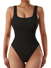Ribbed Sleeveless Bodysuit Square Neck Top