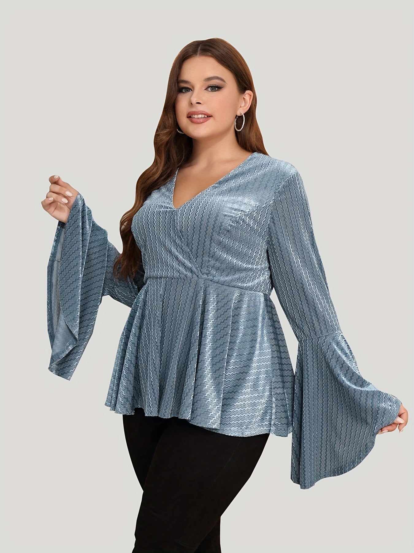 Casual Top Women's Plus Solid Striped Bell Sleeve V Neck