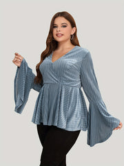 Casual Top Women's Plus Solid Striped Bell Sleeve V Neck