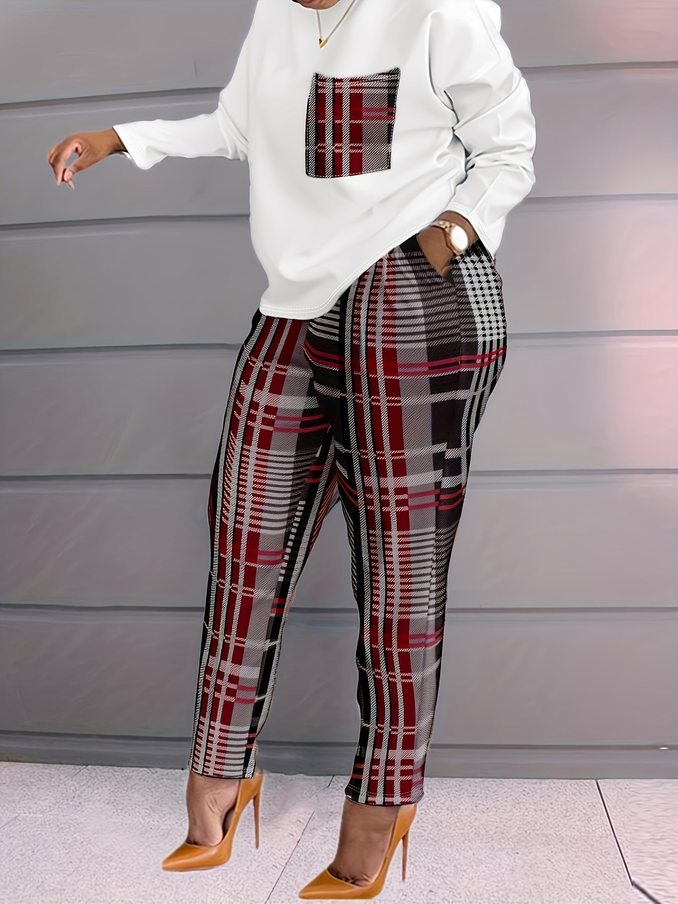 Women's Plus Plaid Print Top & Pants Two Piece Set