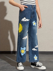 Girls Sun Flower Cloud Print Denim Trousers for Daily Wear
