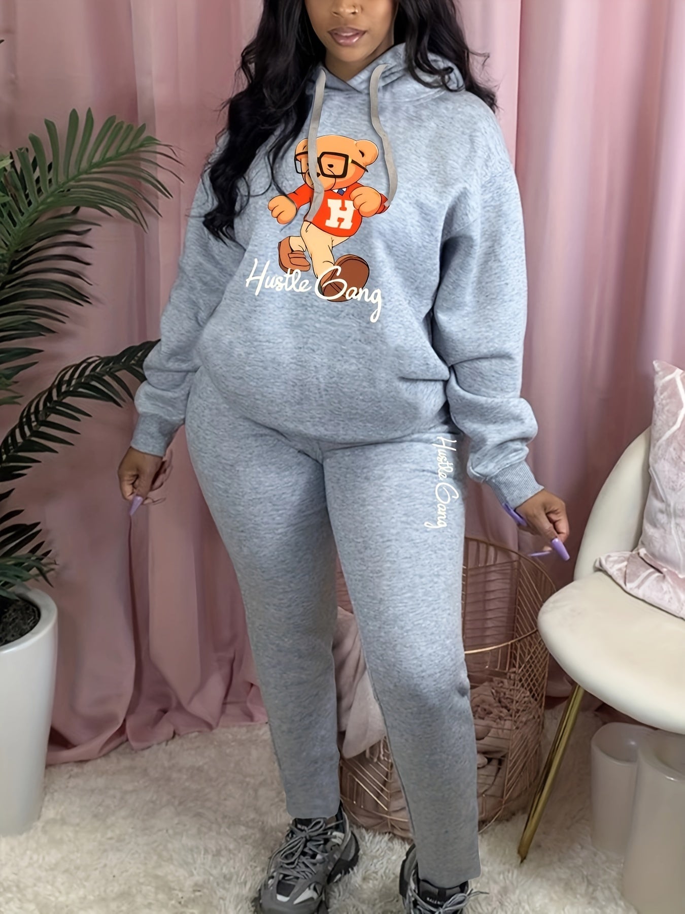 Women's Plus Bear & Art Letter Print Hooded Sweatshirt & Sweatpants Set
