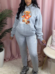 Women's Plus Bear & Art Letter Print Hooded Sweatshirt & Sweatpants Set