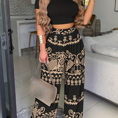 Sexy Outfits Set Women's Plus Crop Top & Wide Leg Pants Outfits