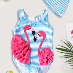 Girl's Flamingo Stripe Swimsuit with Cap