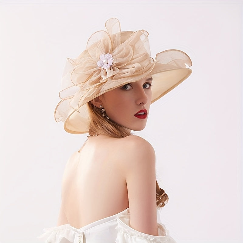 Ruffles Sun Hat Flower Decor Organza Church Derby Hats Mesh Travel Beach Hats