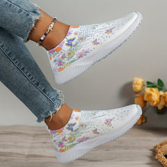Women's Floral Butterfly Pattern Sneakers Low Top Slip On Knit Sock Shoes