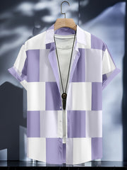 Grid Pattern Men's Short Sleeve Shirt - Summer Casual Button Up