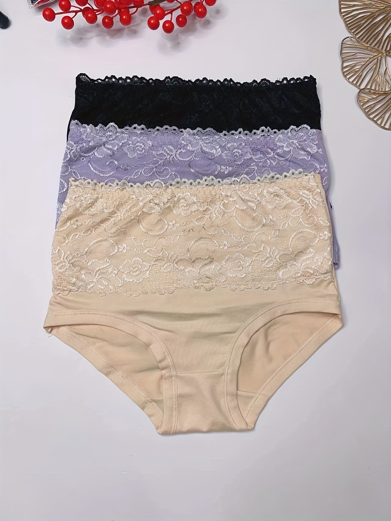 3pcs Lace Jacquard Briefs High Waist Panties Women's Lingerie