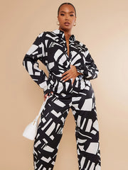 Women's Plus Geometric Print Button Up Top & Pants Set