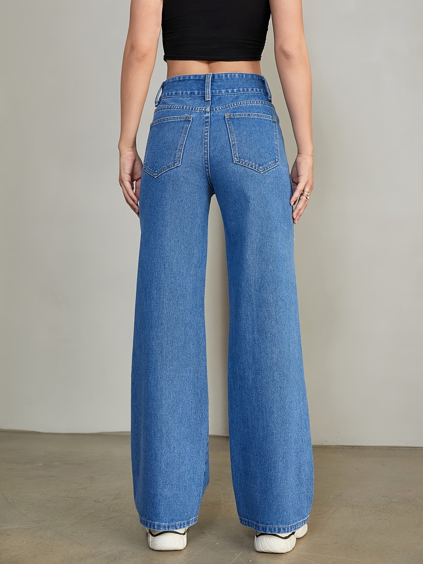 Flap Pockets Straight Jeans Loose Fit High Waist Non Stretch Denim Pants