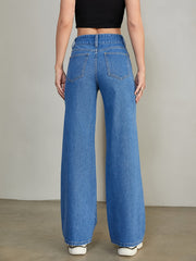 Flap Pockets Straight Jeans Loose Fit High Waist Non Stretch Denim Pants