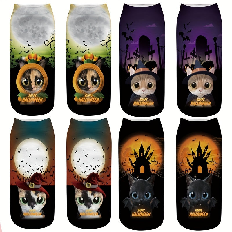 4 Pairs 3D Cat Print Socks Comfy & Halloween Low Cut Socks