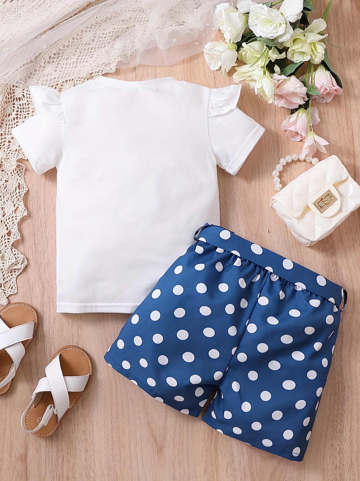 2pcs Toddler Girls Bow Figure Ruffle Trim T Shirt & Polka Dot Belted Shorts Set