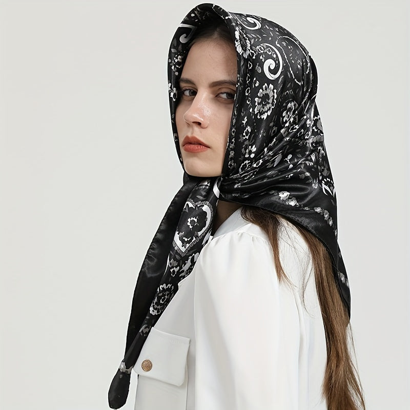 Flower Printed Square Scarf Silk Feeling Satin Scarf Bandana