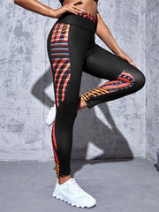 Women's High Stretch Yoga Leggings with Digital Printing and Stripe Details