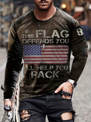 Men's Long Sleeve Vintage Flag Print T-shirt for Autumn