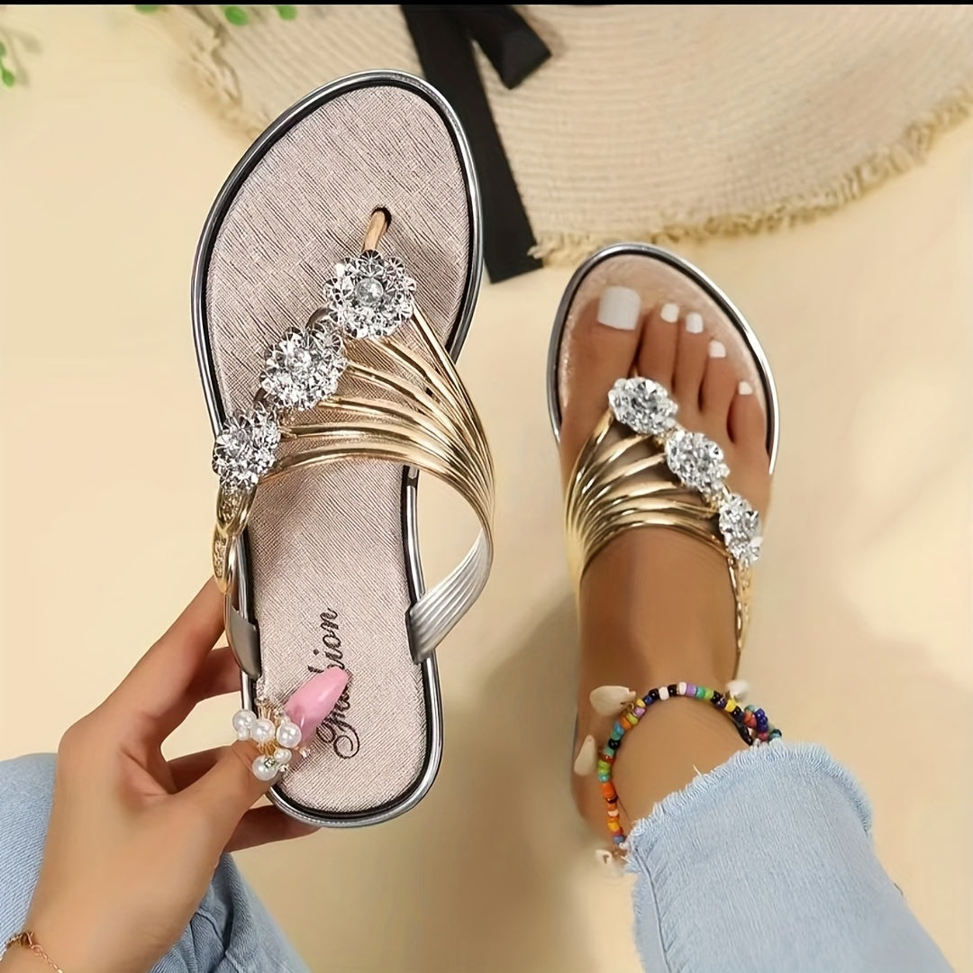 Women's Flower & Rhinestone Slide Sandals Clip Toe Outdoor Roman Beach Shoes