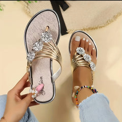 Women's Flower & Rhinestone Slide Sandals Clip Toe Outdoor Roman Beach Shoes