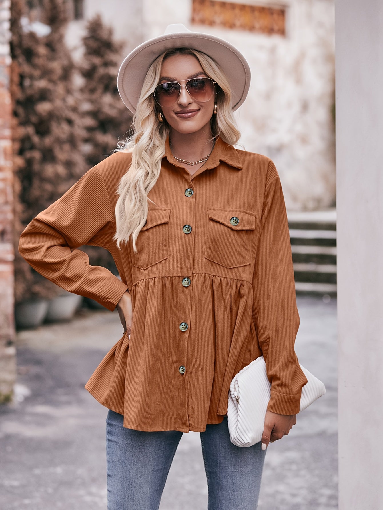 Ribbed Button Up Long Sleeve Blouse