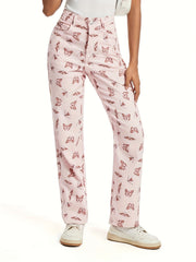 Butterfly Print Pink Straight Leg Jeans