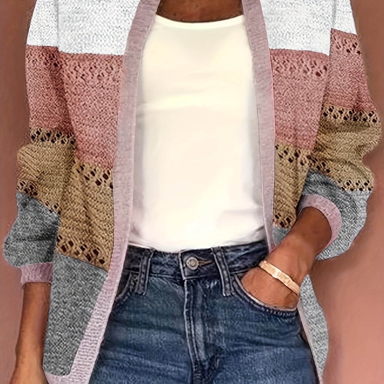 Eyelet Knit Cardigan Open Front Long Sleeve Sweater