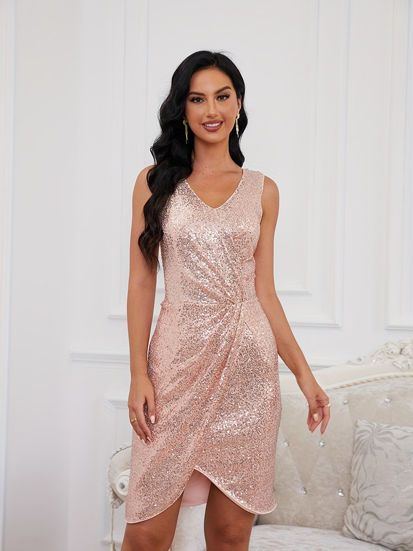 Sequined V Neck Bridesmaid Dress Sleeveless Dress Wedding Party