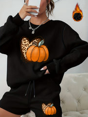 Pumpkin Graphic Print Sweatshirt & Shorts 2pcs Set