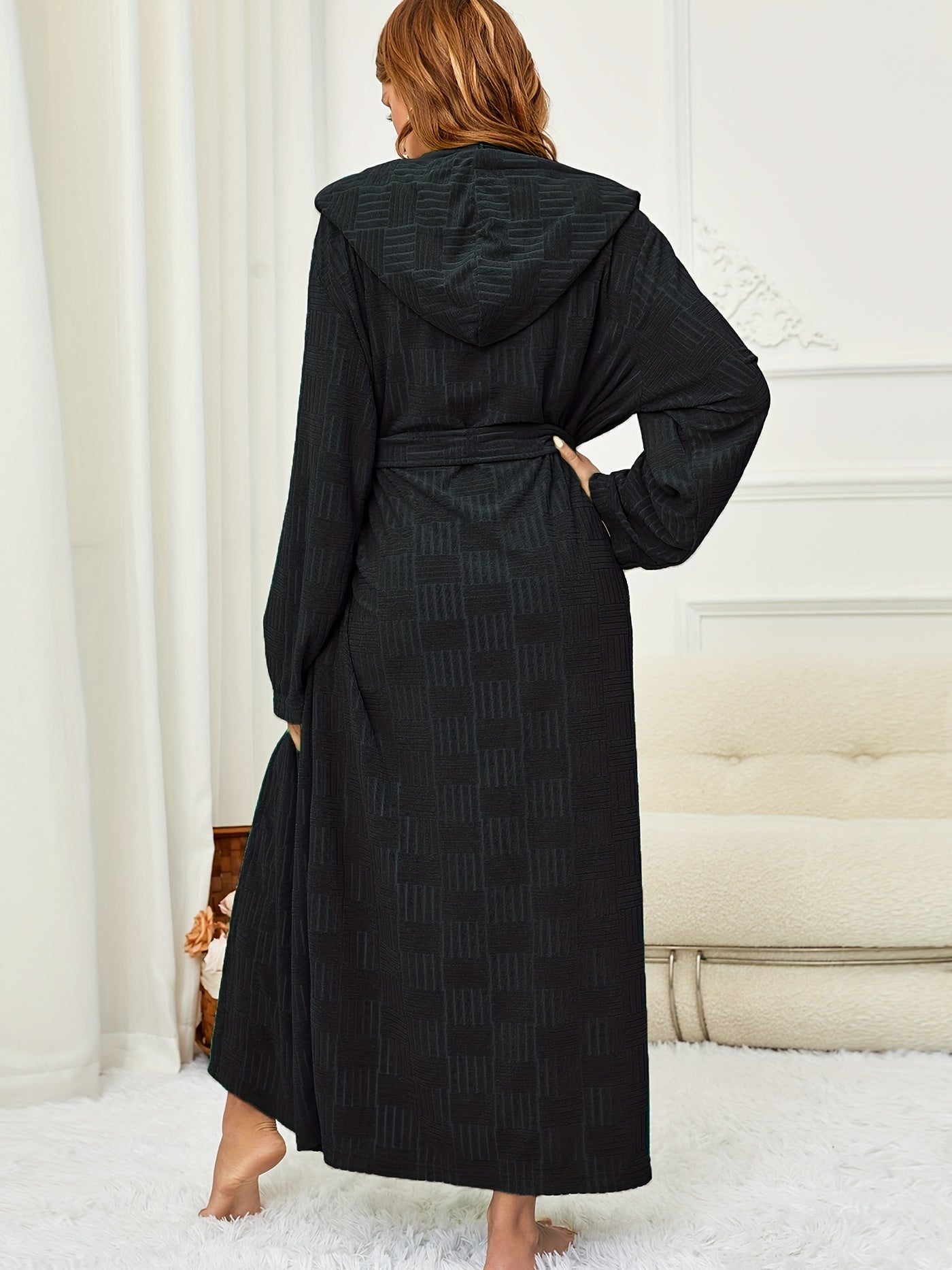 Plaid Hooded Night Robe Long Sleeve V Neck House Robe With Belt