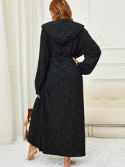 Plaid Hooded Night Robe Long Sleeve V Neck House Robe With Belt