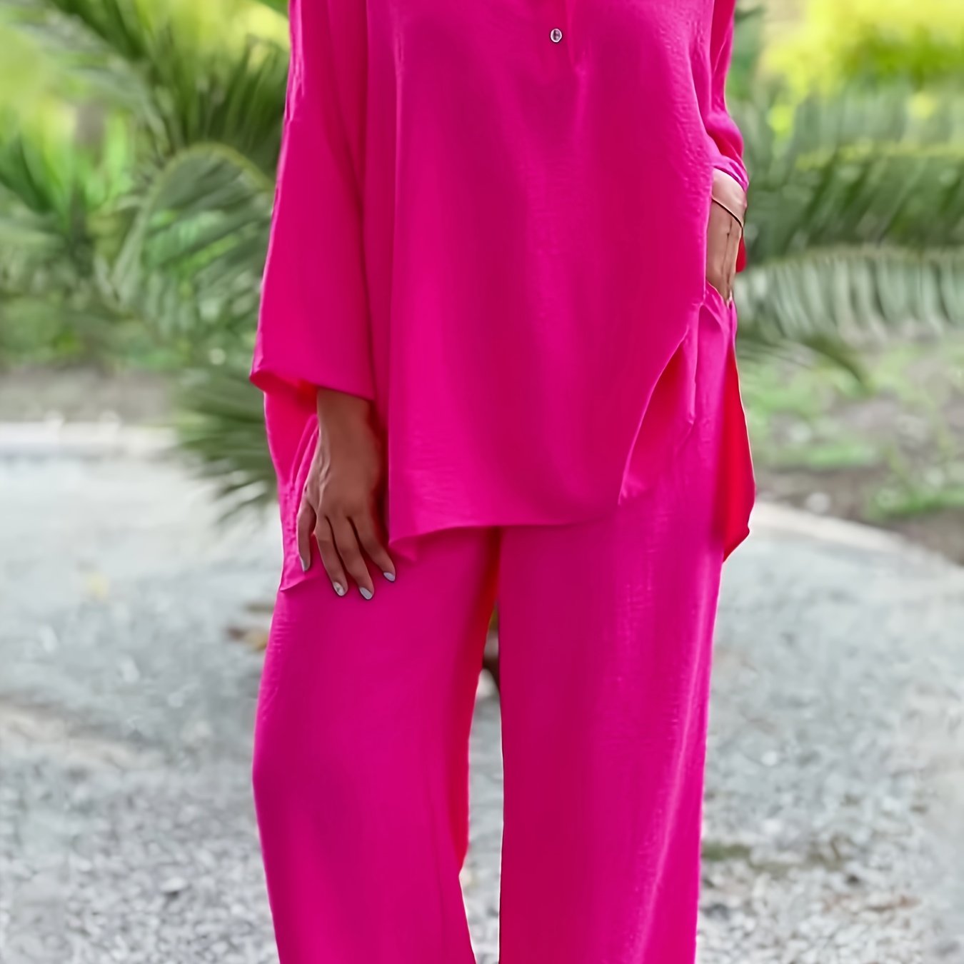 Casual Outfits Set Women's Solid Shirt & Pants Two Piece Set