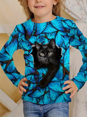 3D Kitty Graphic Long Sleeve T shirt Girls Comfy Tees